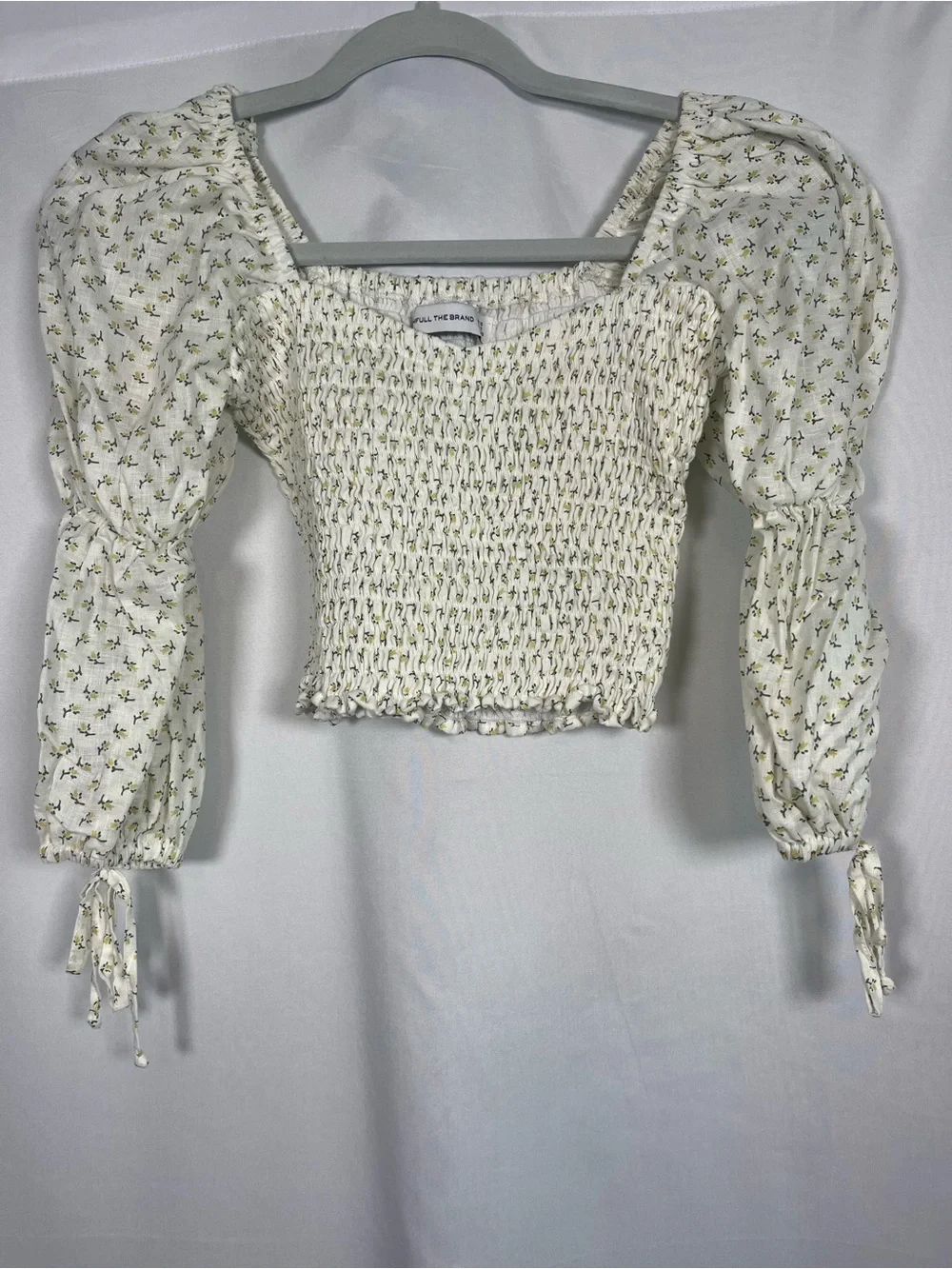 Faithfull the brand Harlyn linen floral print puff sleeve crop top cottagecore